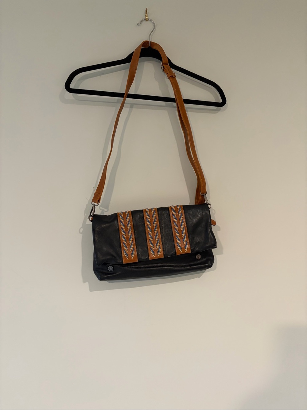 Big Buddha Black and Tan Crossbody Bag with Braided Accent Strips